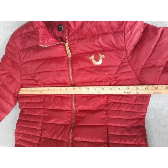True Religion Mens Large Art Logo Full Zip Down Puffer Jacket Red Pure Polyester
